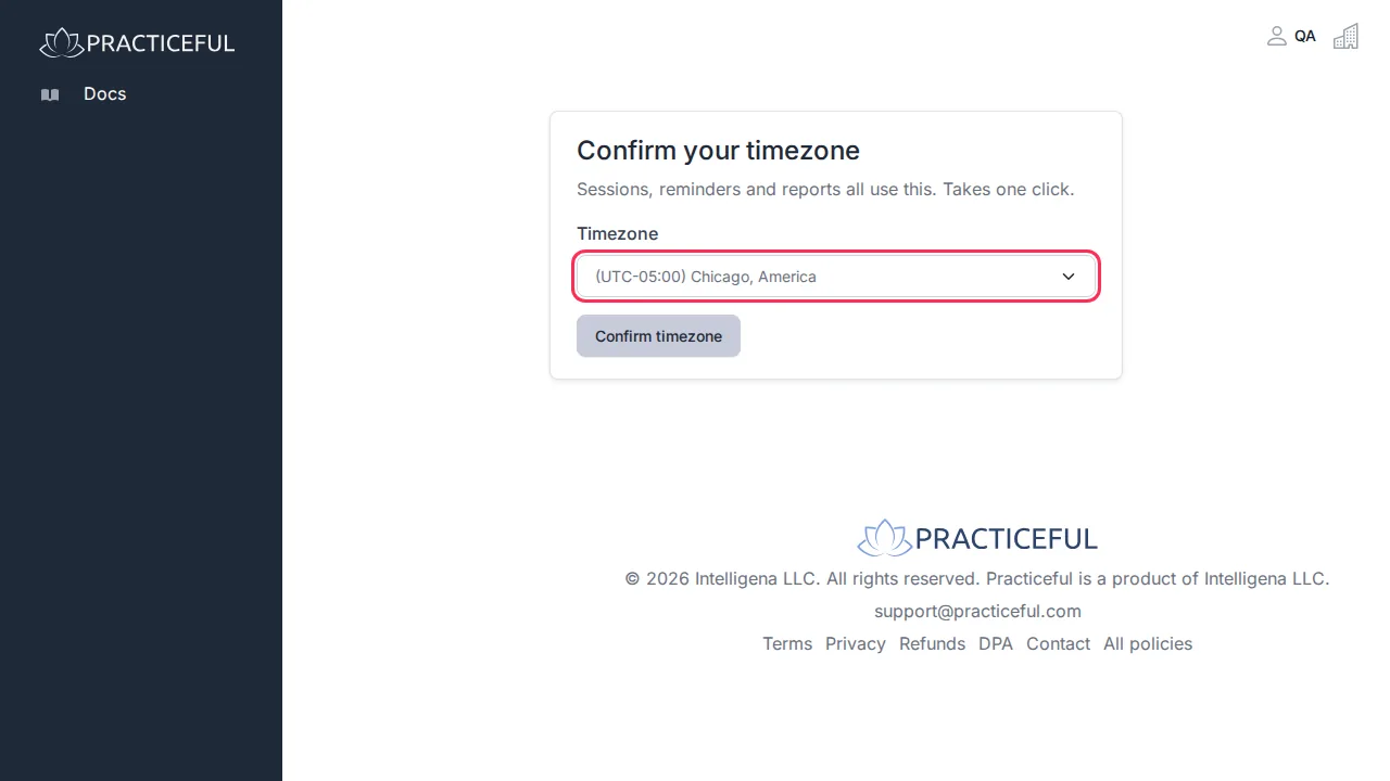 Confirm your timezone screen