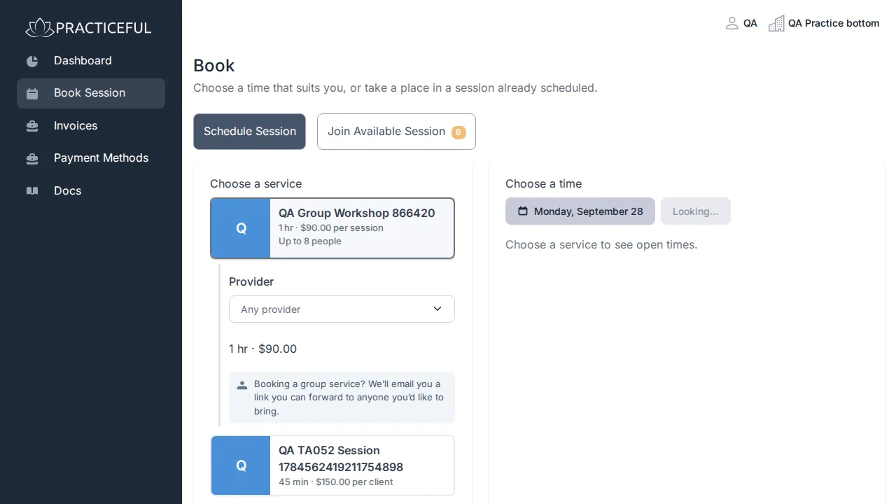Book a session screen