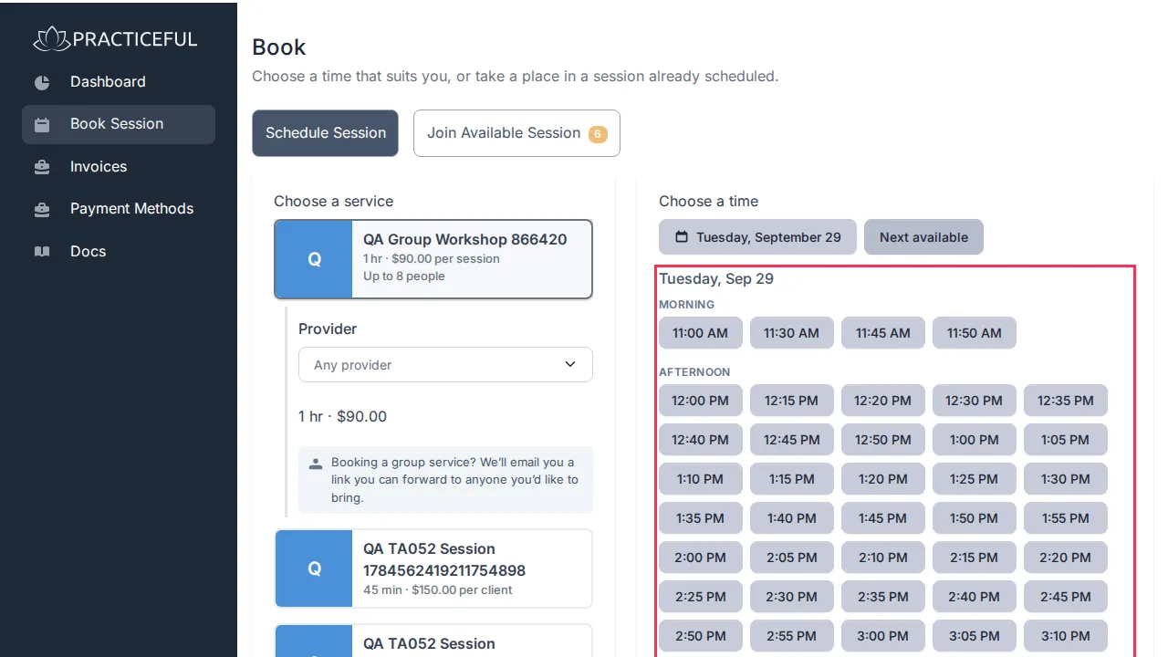 Book a session screen