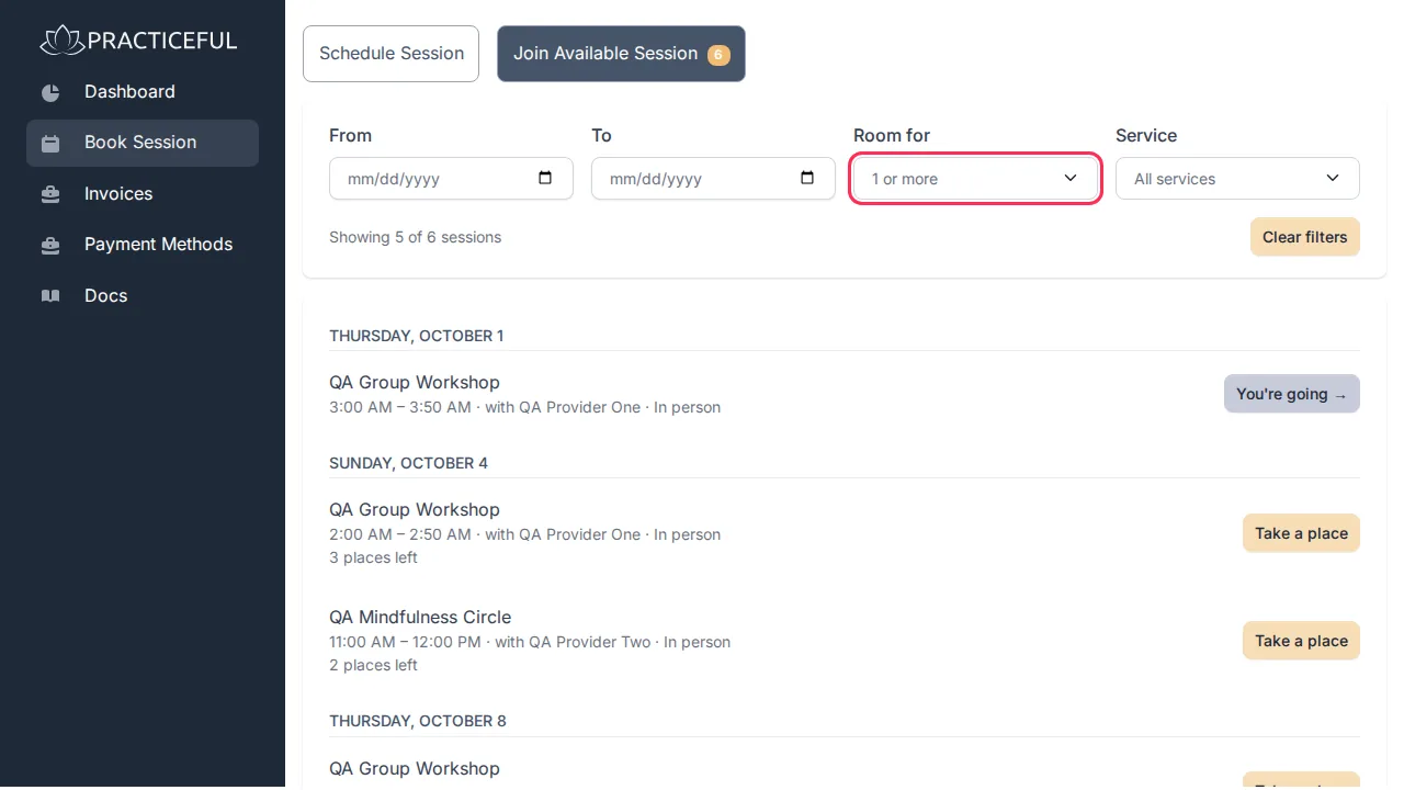 Book a session screen