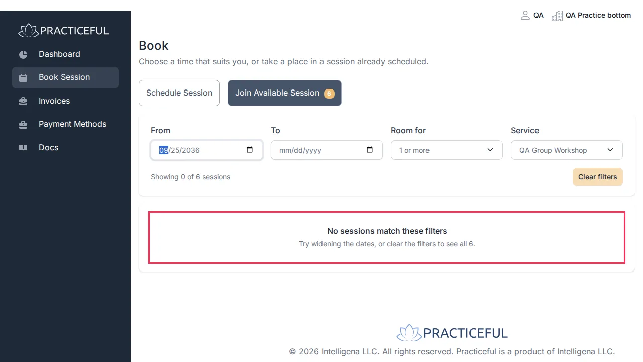 Book a session screen