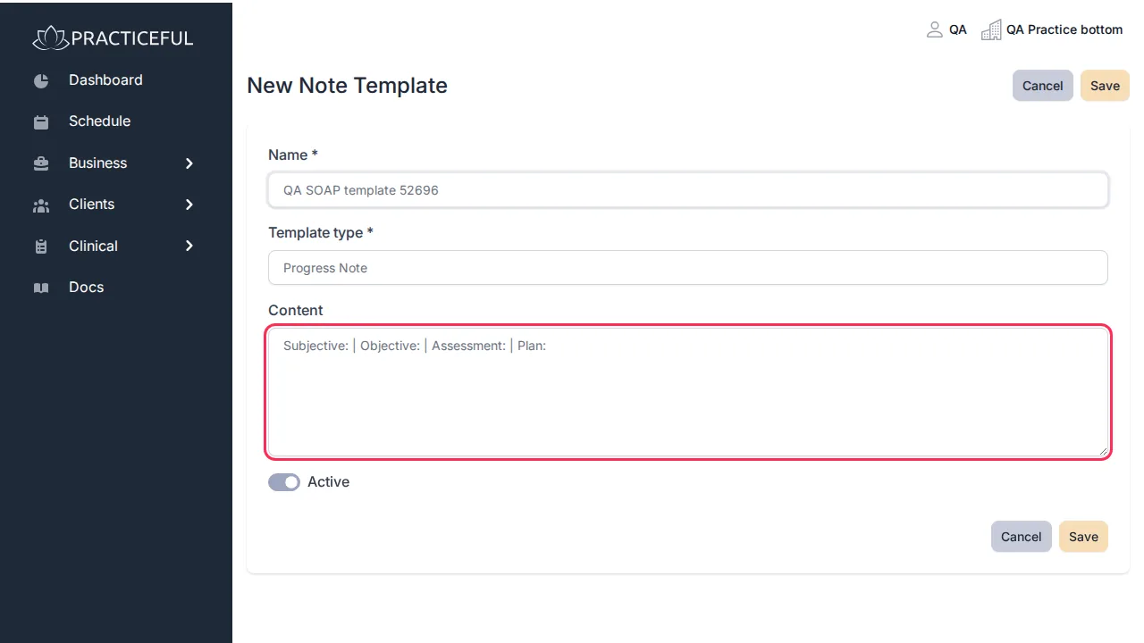 New note template screen
