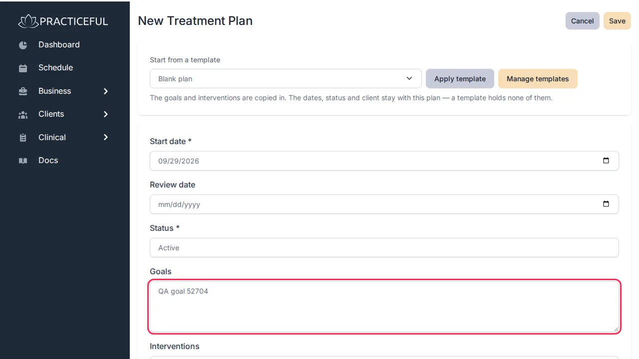 New treatment plan screen