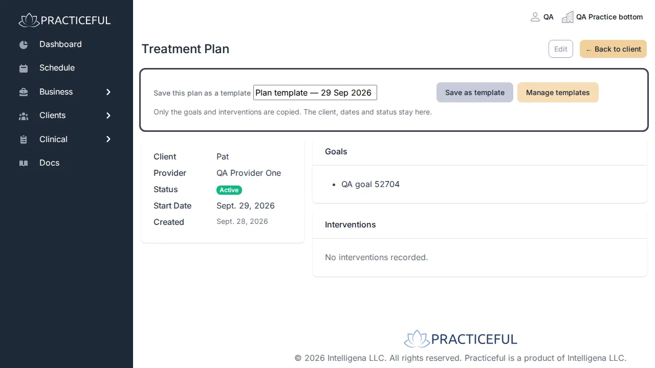 Treatment Plan screen