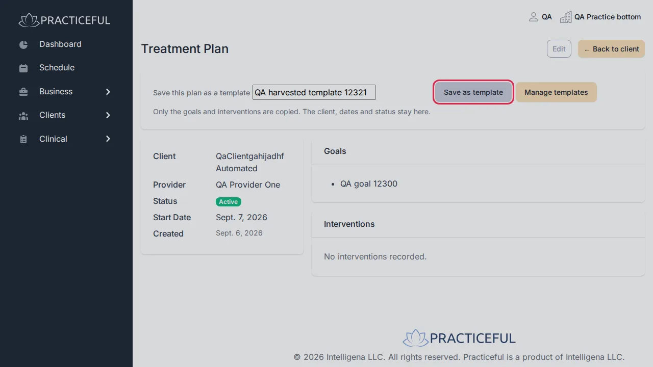 Treatment Plan screen