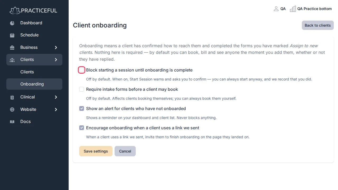 Client onboarding settings screen