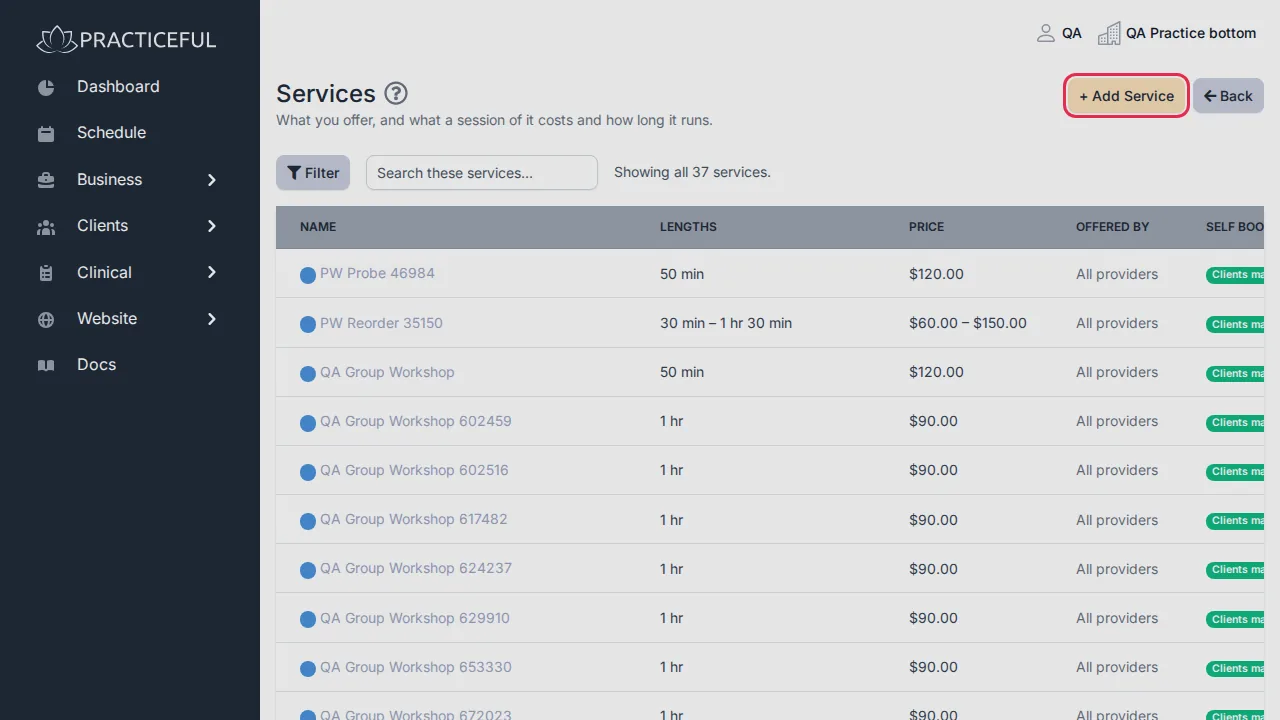 Services screen