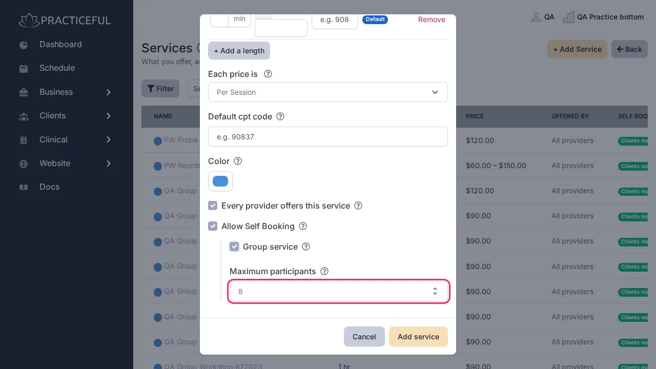 Services screen