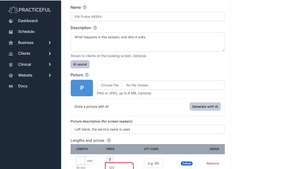 Edit service screen