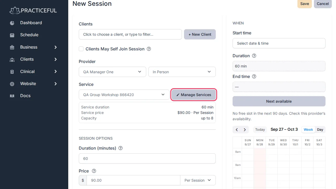 Schedule a session screen