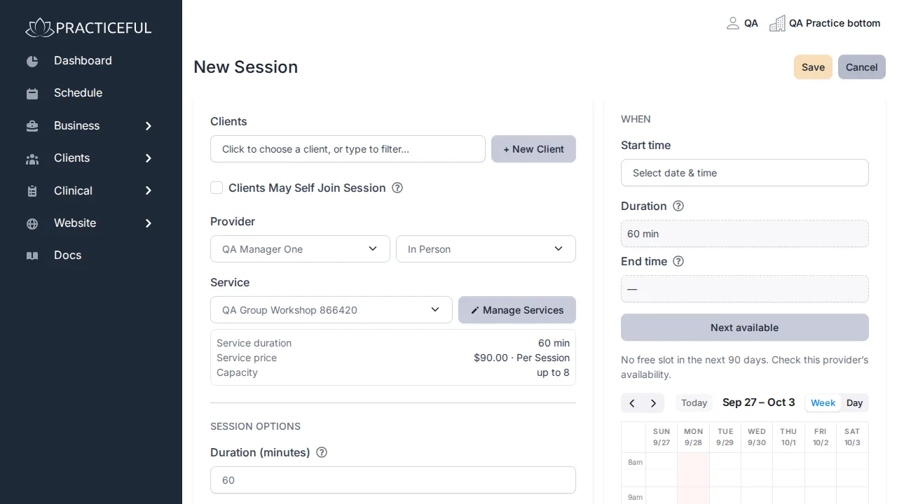 Schedule a session screen