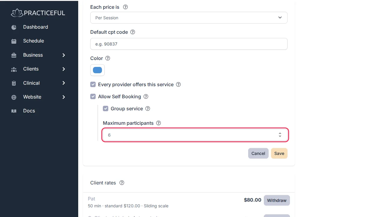 Edit service screen