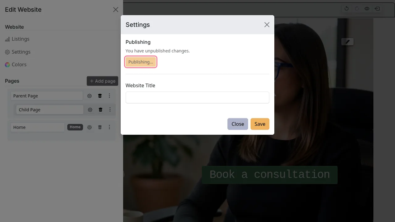 Website design editor screen