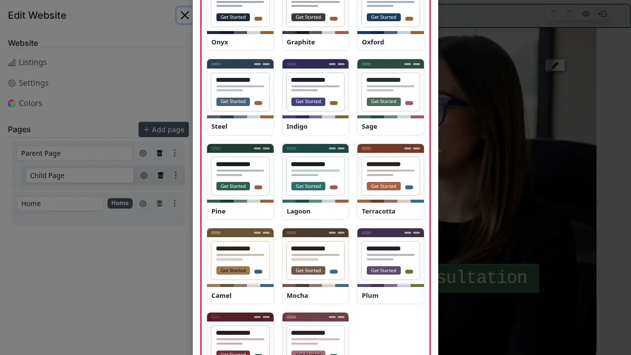 Website design editor screen
